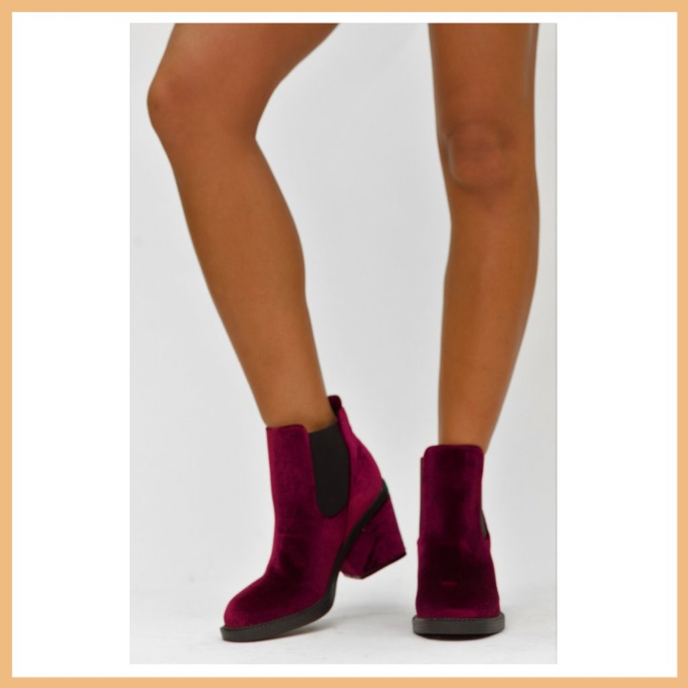NWT Velvet Chunky Heel Ankle Bootie (Burgundy) - Picture 2 of 7